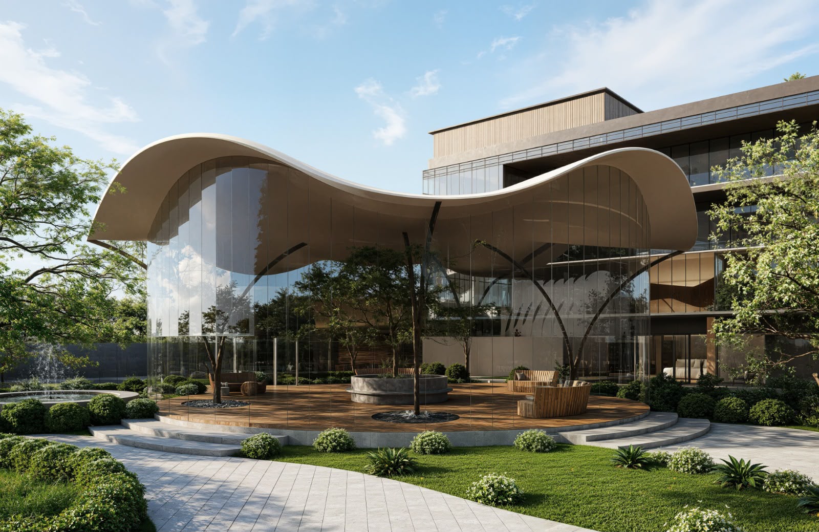 Render of The Innovation Hub: a glass pavilion under a sweeping curved roof, set in landscaped gardens
