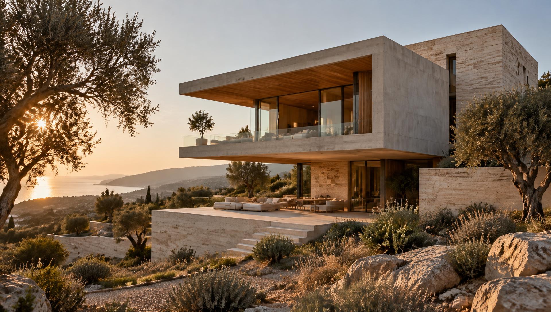 Hillside residence of cantilevered concrete and travertine at sunset