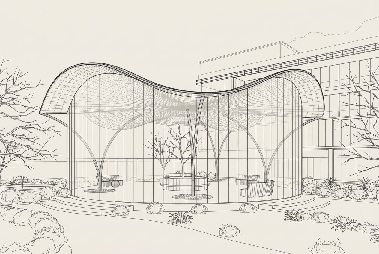 Wireframe line drawing of The Innovation Hub pavilion