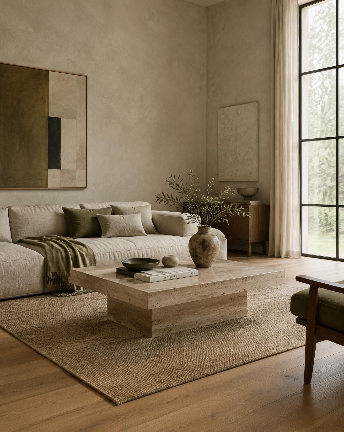 Calm living room with limewashed walls, oak floor and travertine table
