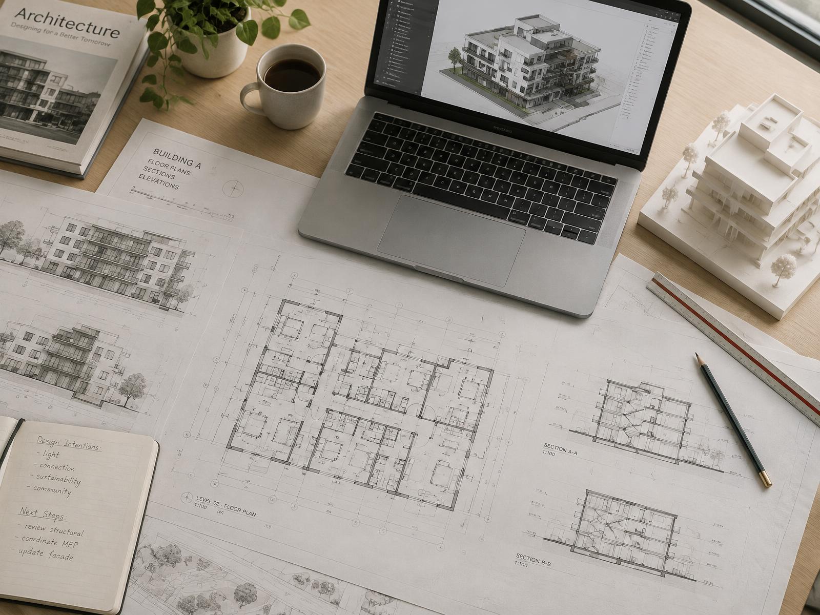 Construction drawings, a BIM model on a laptop and a white massing model