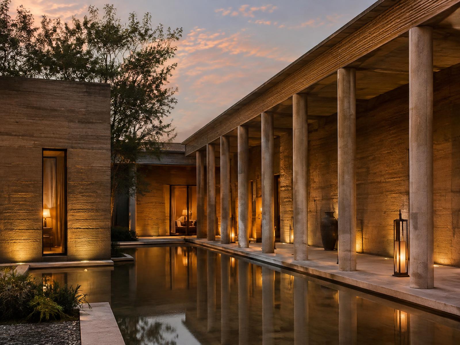 Hotel courtyard with a reflecting pool and stone colonnade at dusk