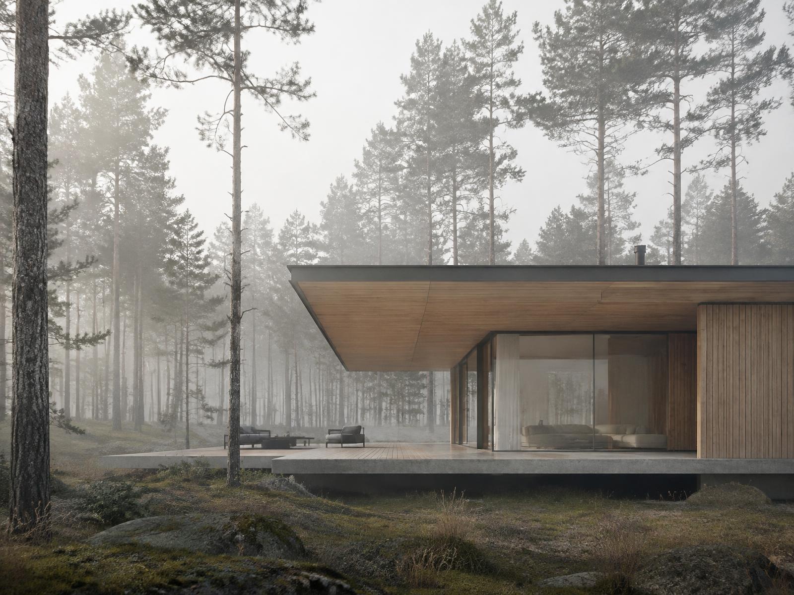 Visualization of a timber and concrete pavilion in a misty pine forest